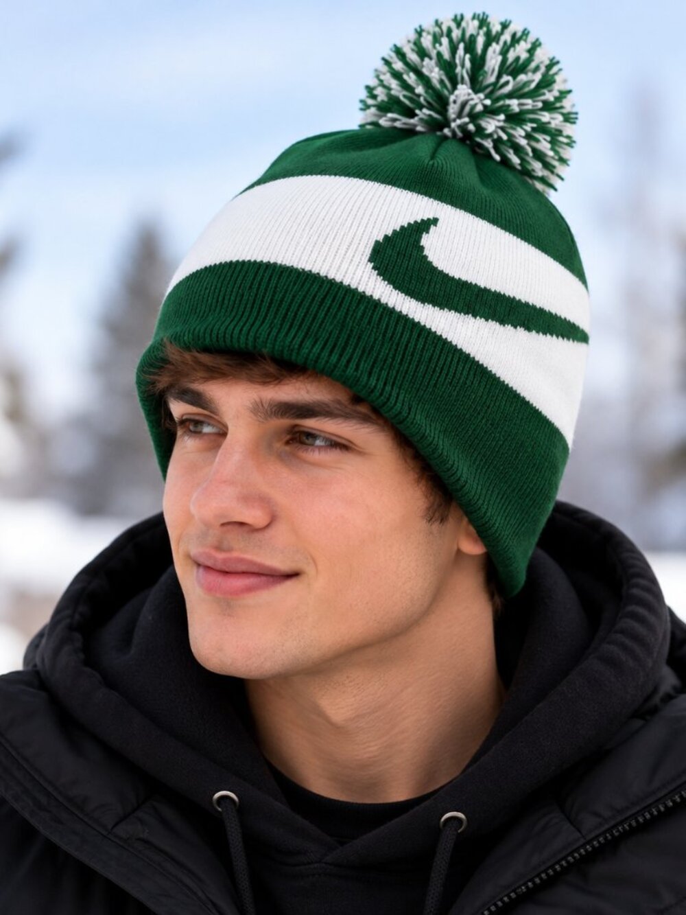 Nike Swoosh Stripe Pom Beanie – Gorge Green/White – NWT OSFM